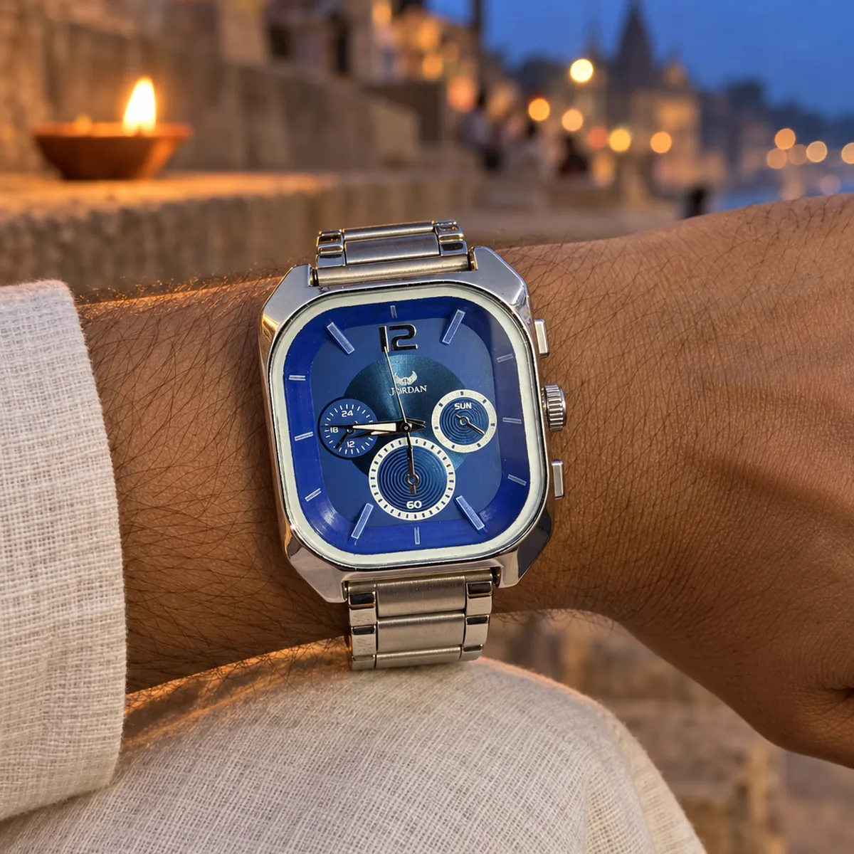 Square Blue, wrist